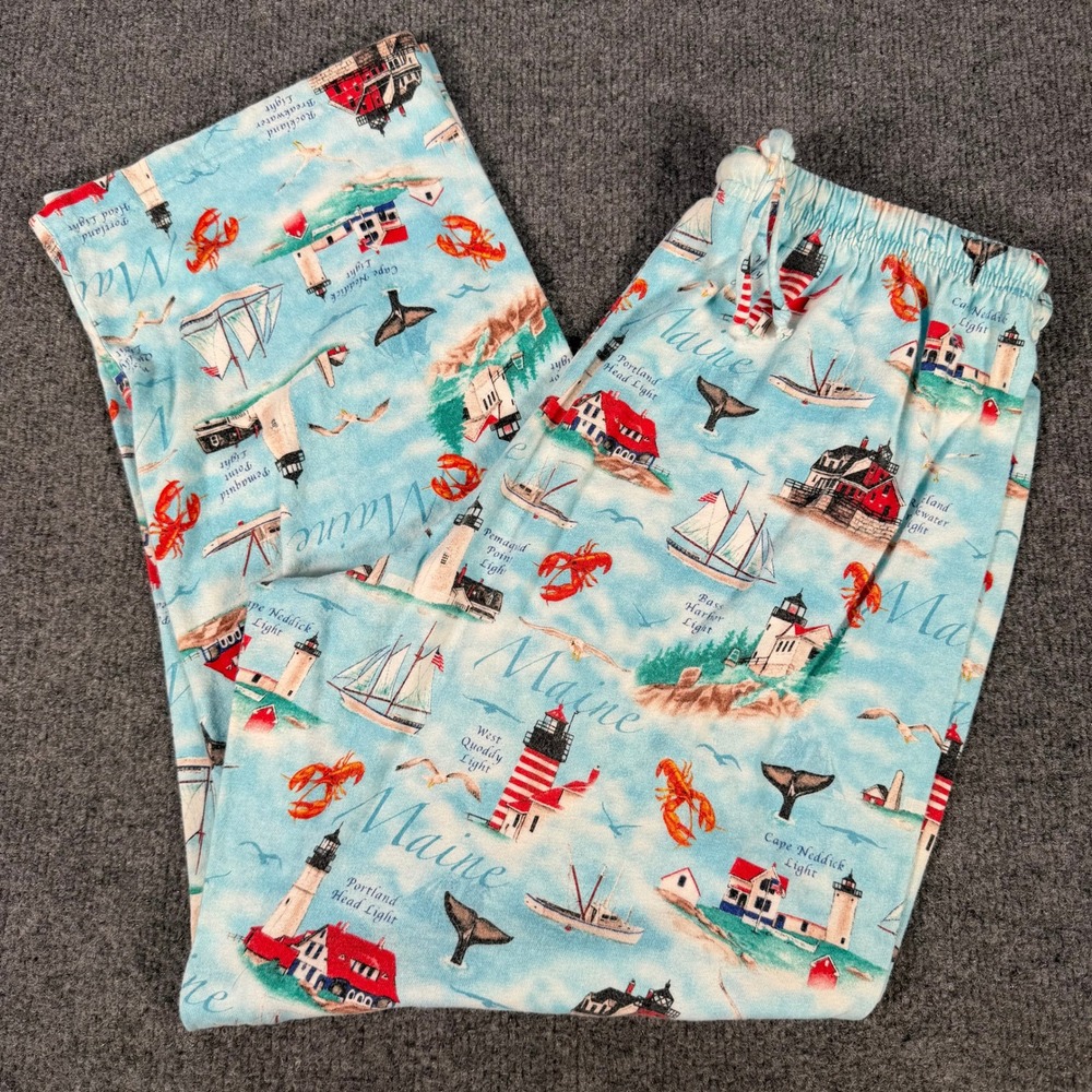 Toast and Jammies Maine Lighthouse Lobster Pajama Pants Blue Cotton Medium #4548